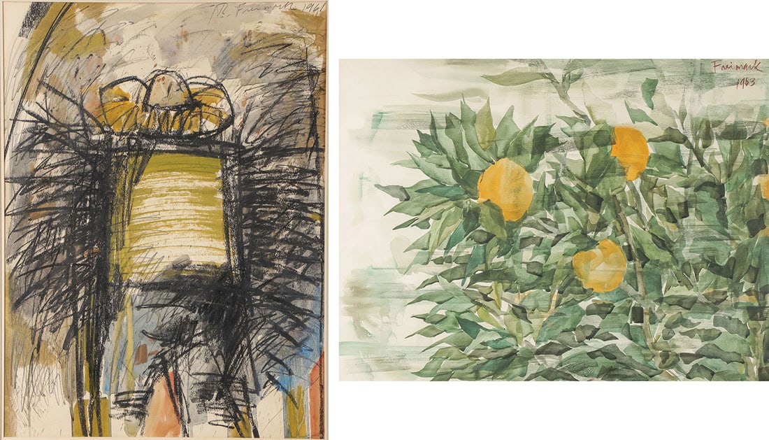 TWO ORIGINAL Robin FREIMARK WORKS ON PAPER: TWO ORIGINAL Robin FREIMARK WORKS ON PAPER Comprising two original works on paper by American artist Robin Freimark (1922 - 2010), including a watercolor depiction of a lemon branch, signed and dated 