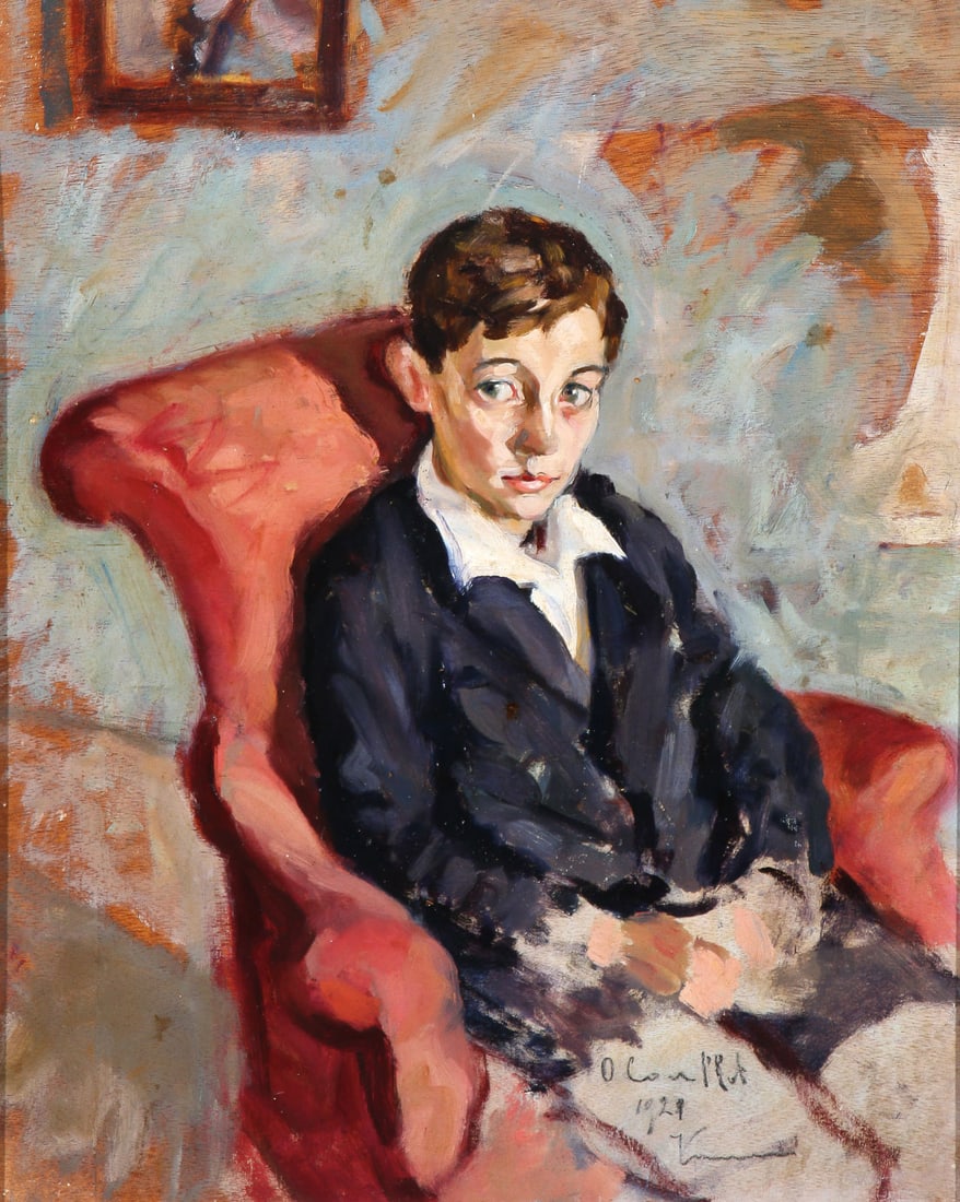 ITALIAN DOUBLE PORTRAIT PAINTING DATED 1929: Attributed to OSCAR CAVALLET (Italian 1910-2008) Portrait of a Young Boy Sitting in Chair (obverse) and perhaps a Self Portriat (verso) - 1929 Oil on board, painted on both sides Indistinctly signed l