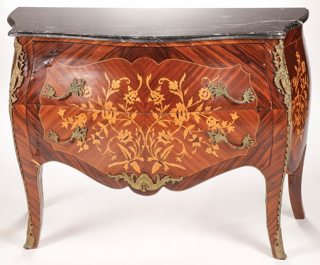 ORMOLU AND INLAID BOMBAY CHEST OF DRAWERS: ORMOLU AND INLAID BOMBAY CHEST OF DRAWERS The sides and front ornately inlaid with scrolling floral designs and the body with Ormolu decorative mounts and with serpentine beveled marble top. Height 36