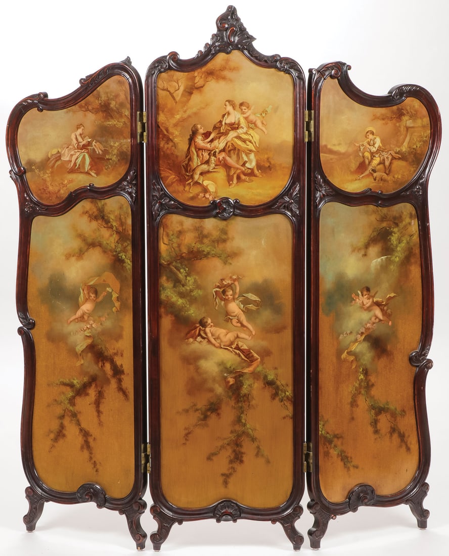 A FINE HAND-PAINTED ROCOCO-STYLE SCREEN, 19TH C: A FINE HAND-PAINTED ROCOCO-STYLE SCREEN, 19TH C. Comprised as three hinged sections, each of the mahogany carved frames in the Rococo taste and set with fine hand-painted lacquerware amorous scenes wi