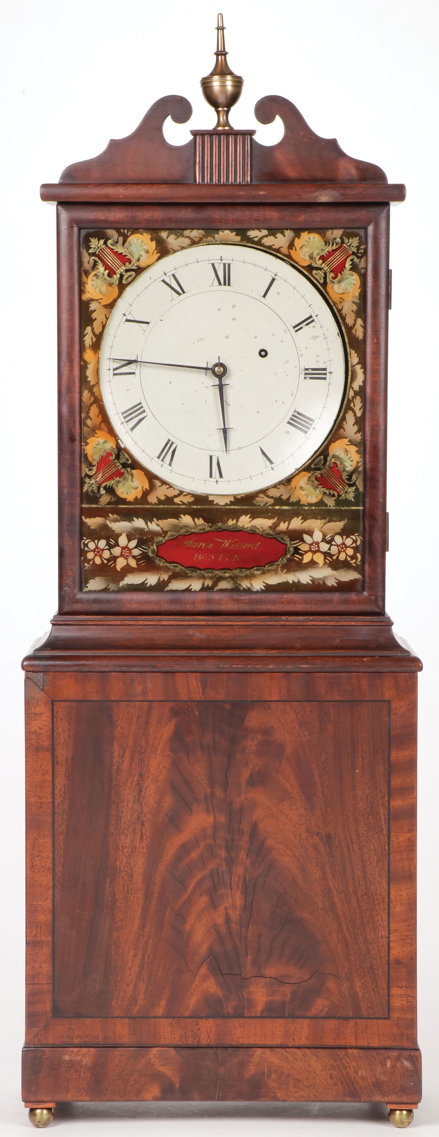 AARON WILLARD MAHOGANY SHELF CLOCK C.1825: AARON WILLARD MAHOGANY SHELF CLOCK C.1825 With scroll top hood, reverse-painted and stenciled floral and lyre decorated glass inscribed Aaron Willard Boston, concave painted metal dial with Roman nume