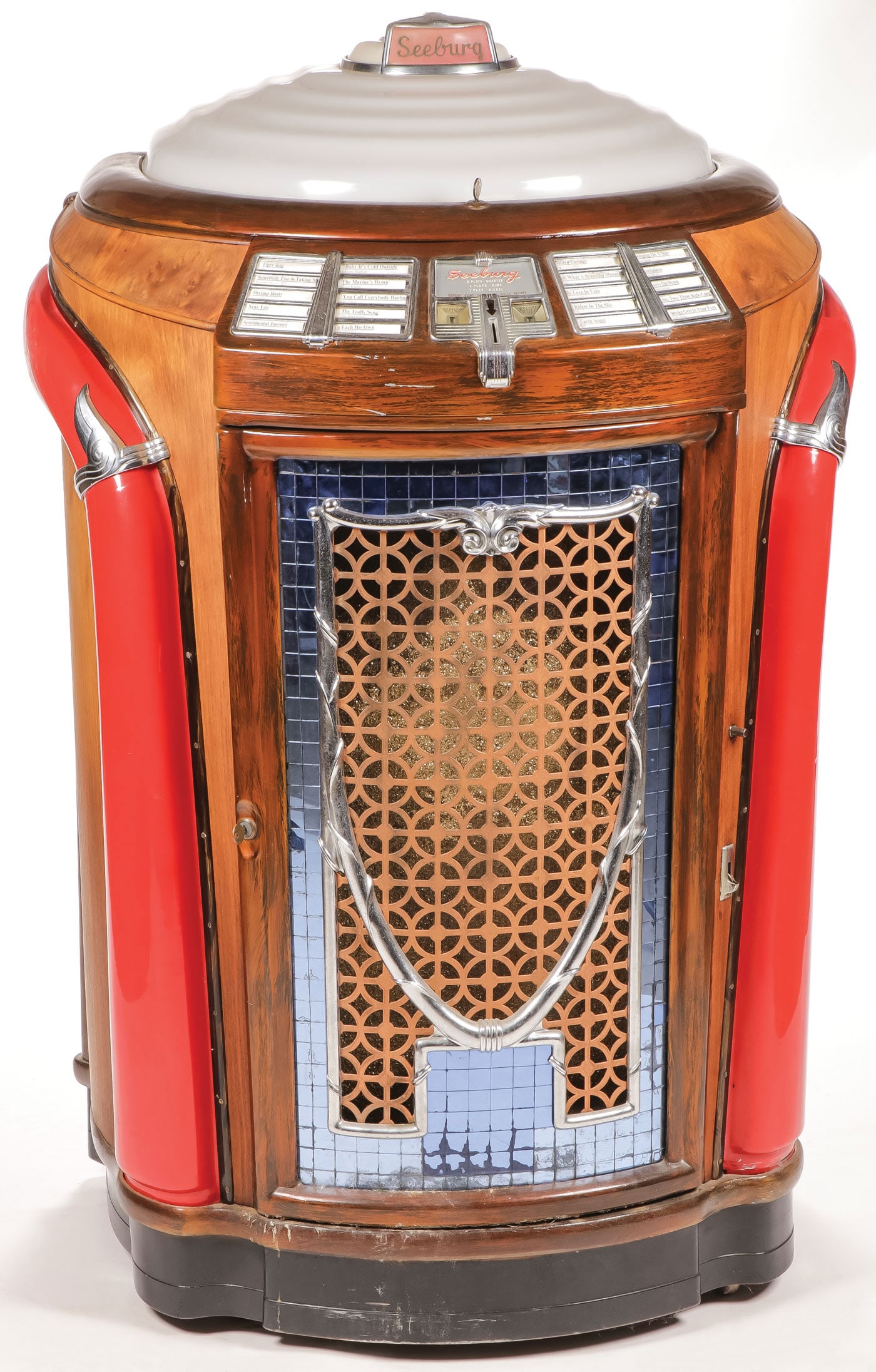SEEBURG TRASHCAN COIN OPERATED JUKEBOX: SEEBURG TRASHCAN COIN OPERATED JUKEBOX Plugs in, lights up, advances records, turn table rotates, but presently does not play. Likely needs simple adjustment. Height 58 inches. LOCAL PICKUP OR THIRD P