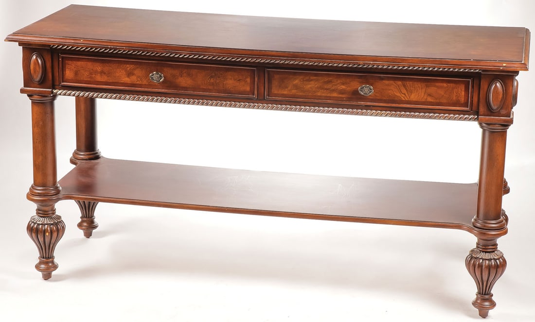 ATTRACTIVE CARVED SERVING TABLE: ATTRACTIVE CARVED SERVING TABLE With baluster legs, rope twist banding, and two drawers. Height 34 inches, depth 25 inches, width 65 inches. LOCAL PICKUP OR THIRD PARTY SHIPPER ONLY. SHIPPING NOTICE: