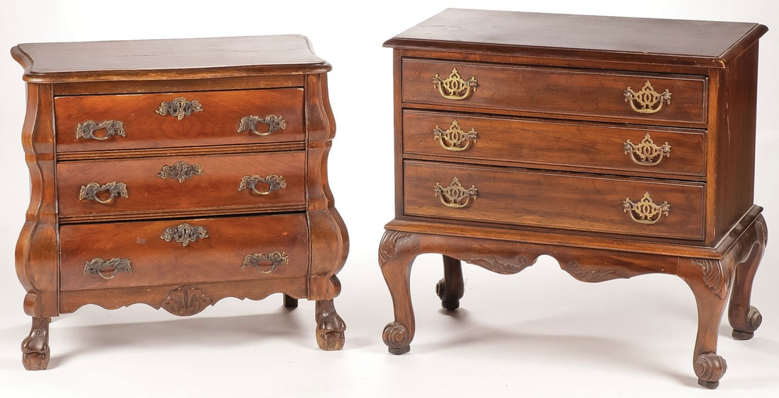 PAIR OF THREE DRAWER CHESTS: PAIR OF THREE DRAWER CHESTS One Bombay style, the other in the Chippendale style. Greatest measurements: height 26.5 inches, width 28 inches, depth 16 inches. LOCAL PICKUP OR THIRD PARTY SHIPPER ONLY.