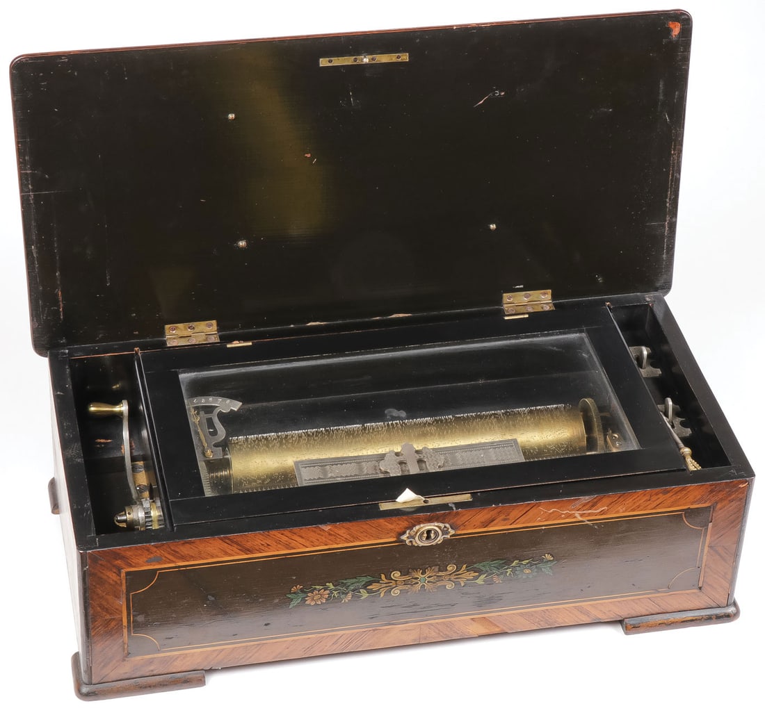 A SWISS CYLINDAR MUSIC BOX: A SWISS CYLINDAR MUSIC BOX The rectangular case with hinged lid and front panel inlaid with floral designs, length of cylinder 11 inches (28 cm). Takes a wind and runs. 20.75 inches a 10 inches x 6.25