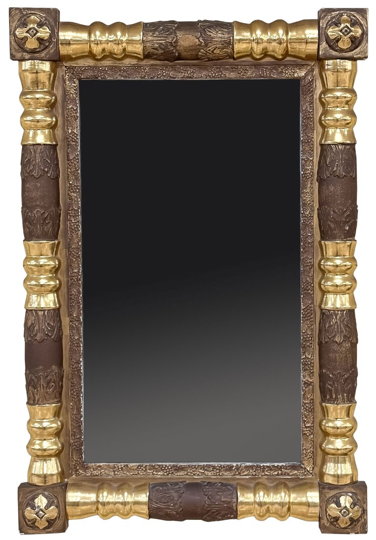 AMERICAN EMPIRE GILT MIRROR: AMERICAN EMPIRE GILT MIRROR Framed with turned baluster columns and flower head corner blocks. 34.25 inches x 23 inches SHIPPING NOTICE: Jackson's is your sole and only source for one stop packing an