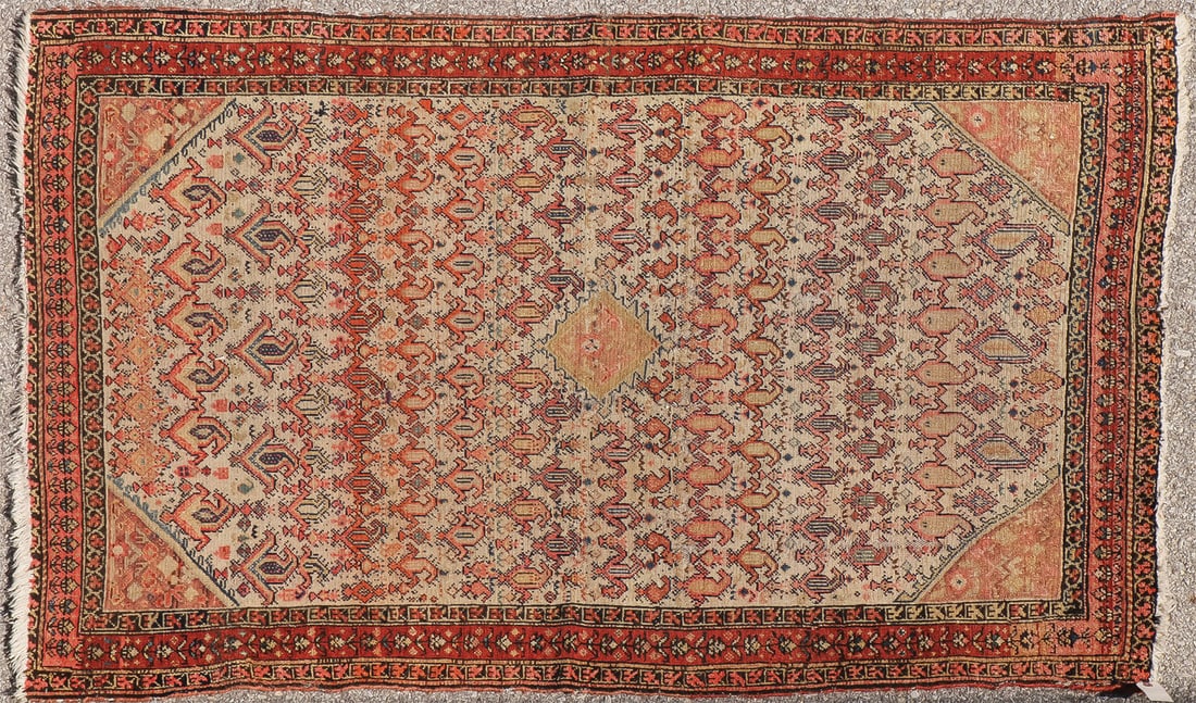 ANTIQUE PERSIAN MAYALER RUG CIRCA 1925: ANTIQUE PERSIAN MAYALER RUG CIRCA 1925 With small central medallion on ivory ground amidst repeating stylized boteh motif, the red border with repeating stylized floral pattern, 41 inches x 64 inches.
