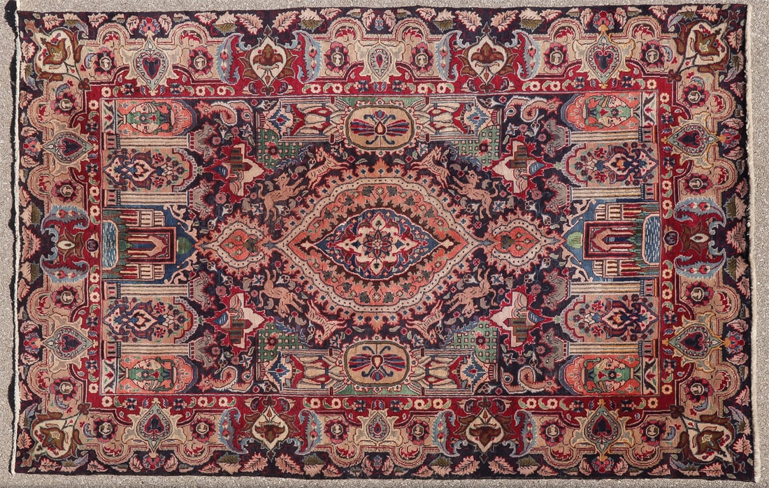 ATTRACTIVE ROOM SIZE ORIENTAL RUG: ATTRACTIVE ROOM SIZE ORIENTAL RUG With center medallion flanked by buildings and butterflies, 111.5 inches x 76 inces. SHIPPING NOTICE: Jackson's is your sole and only source for one stop packing and
