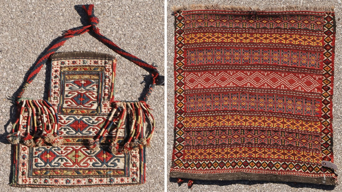 TWO GOOD CAUCASIAN WEAVINGS CIRCE 1950/60: TWO GOOD CAUCASIAN WEAVINGS CIRCE 1950/60 Comprising a Caucasian Karabagh salt bag (Namakdan) circa 1960, height (including handle) 27 inches, width 15.5 inches, and a flat weave bag face circa 1950, 