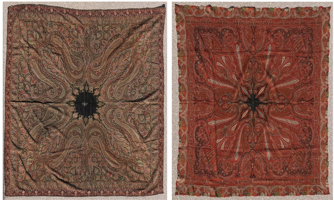 PAIR OF GOOD KASHMIR PAISLEY SHAWLS 19th C: PAIR OF GOOD KASHMIR PAISLEY SHAWLS 19th C Finely embroidered, of traditional design, pictured left: 77 inches x 78 inches, and pictured right: 71 inches x 69 inches. SHIPPING NOTICE: Jackson's is yo