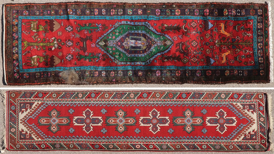 PAIR ATTRACTIVE SEMI-ANTIQUE RUNNERS: PAIR ATTRACTIVE SEMI-ANTIQUE RUNNERS The first with vibrant green central medallion on red ground measuring 102 inches x 33 inches, the second having repeating cross medallions on red ground, 117 inch