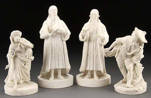FOUR PARIAN WARE FIGURES, 19TH CENTURY: FOUR PARIAN WARE FIGURES, 19TH CENTURY. Comprising two figures of a young boy and girl playing hide and seek, and two figures of bishops, the latter with embossed registry marks. Height 7.5 inches to 