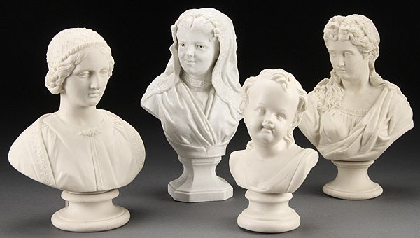 FOUR PARIAN WARE FIGURES, 19TH CENTURY: FOUR PARIAN WARE FIGURES, 19TH CENTURY. Comprising a Neoclassic bust stamped "RC"; an Orientalist style, a bust probably of Beatrice, and a young girl, probably Mirth. Height 7.5 inches to 10.5 inches
