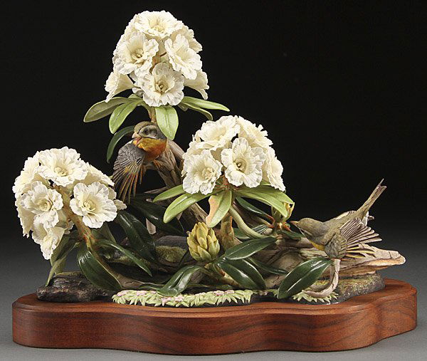 BOEHM PORCELAIN PEKING ROBIN GROUP: A LARGE AND IMPRESSIVE BOEHM PORCELAIN "PEKING ROBIN" FIGURAL BIRD AND FLOWERS GROUP, 1975. After the model, presented to the People's Republic of China by Mrs. Edward Marshall Boehm. "Limited edition