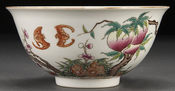 CHINESE FAMILLE ROSE PORCELAIN BOWL: A FINE CHINESE FAMILLE ROSE BATS AND PEACHES PORCELAIN BOWL, 19TH/20TH CENTURY. Finely painted with five peaches, three bats and prunus, Daoguang six character reign mark in blue underglaze. Diameter 