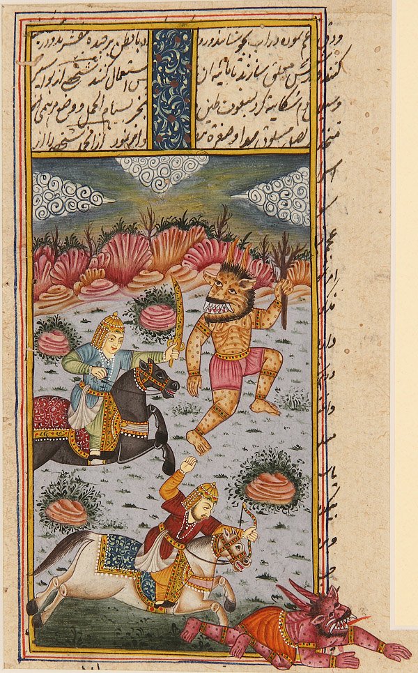 INDO-PERSIAN EROTIC ILLUMINATED LEAVES, 19th CENTURY: THREE INDO-PERSIAN MUGHAL STYLE ILLUMINATED BOOK LEAVES, 19TH CENTURY. Two with erotic scenes and text, the third with royal hunt scene and demons. The largest 5.25 inches x 8 inches (13.2 x 20.3 cm).