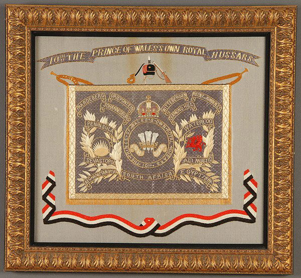PRINCE OF WALES EMBROIDERED CAMPAIGN BANNER: A VERY FINE PRINCE OF WALES TENTH ROYAL HUSSARS EMBROIDERED CAMPAIGN BANNER, LATE 19TH CENTURY. Finely embroidered in polychrome silks and gold threads with the Prince of Wales' royal cypher and bann