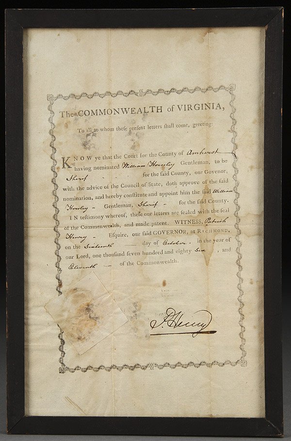 A PATRICK HENRY SIGNED DOCUMENT DATED 1786