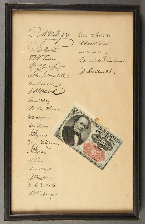 US FIVE DOLLAR NATIONAL BANK NOTE 1904 SERIES: A US FIVE DOLLAR NATIONAL BANK NOTE 1904 SERIES WINONA, MINNESOTA. Together with a US 25 cent fractional note series 1874 framed with facsimile signatures of 19th century US Treasury Secretaries and a