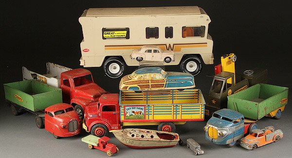A VINTAGE LITHOGRAPH TIN VEHICLE COLLECTION: A VINTAGE LITHOGRAPH TIN VEHICLE COLLECTION, EARLY TO MID 20TH CENTURY. 12 toys comprising two Wyandotte construction trucks, a Buddy L Repair It, a Ny-Lint Guided Missile Carrier, a Lumar Lazy Day Fa
