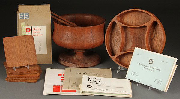 A COLLECTION OF DANISH MODERN, MID 20TH CENTURY: A COLLECTION OF DANISH MODERN, MID 20TH CENTURY. Comprising a Nissen large teak wood salad bowl with fork and spoon, a Dansk divided dish, a boxed set of six teak wood coaster/hot pads marked "Wiggers