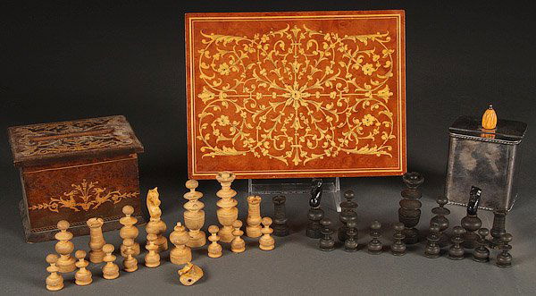 A FINE FLORENTINE INLAID BURLED WOOD CIGAR BOX: A FINE FLORENTINE INLAID BURLED WOOD CIGAR BOX, 20TH CENTURY. Together with a Florentine inlaid burled wood cigarette container, a sterling and bone mounted tea box and partial carved wood chess set.