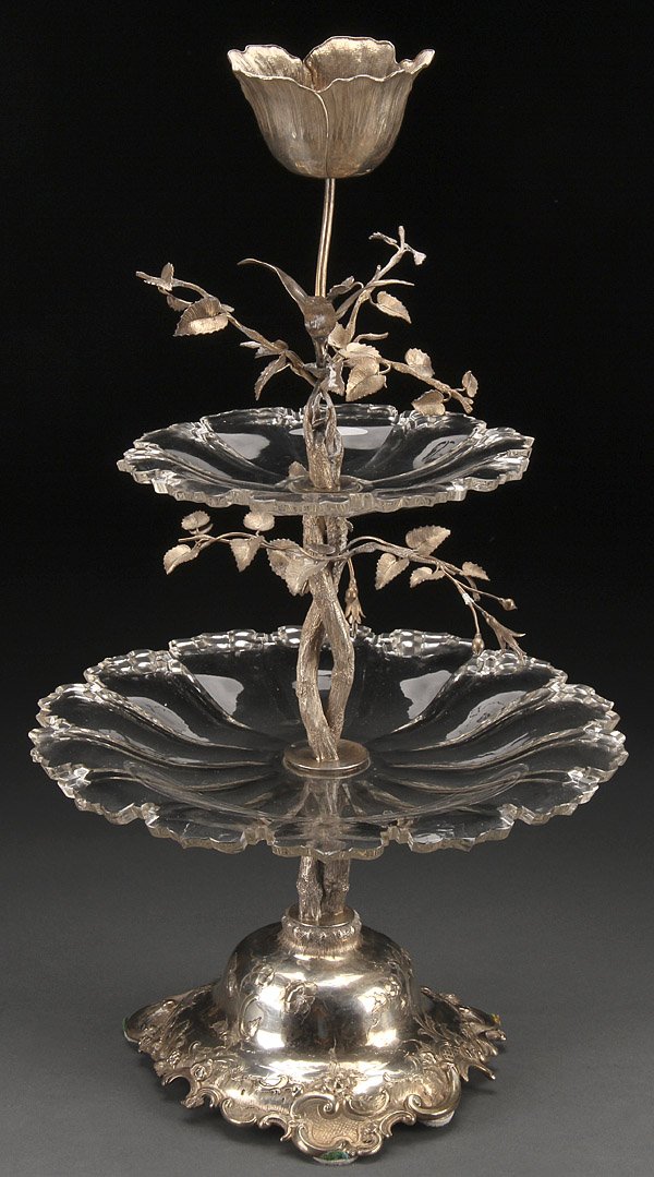 DUTCH SILVER EPERGNE, 1853: A VERY FINE DUTCH SILVER AND CUT CRYSTAL CENTERPIECE EPERGNE, 1853. Stamp hallmarks including "Z&B" probably for Pieter Zollner and William Beijoer (1849-1871) comprising a silver entwining stem with 