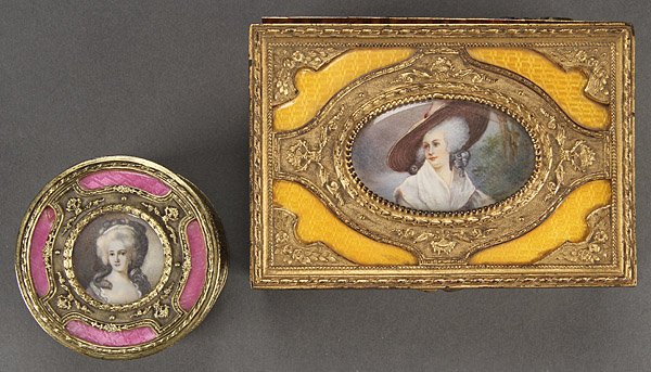 JEWELRY BOXES, PAIR, BRONZE ENAMEL & PAINTED IVORY: A PAIR OF GILT BRONZE ENAMEL AND PAINTED IVORY PORTRAIT JEWELRY BOXES, CIRCA 1900. Comprising a rectangular box with miniature painted ivory oval portraits stamped "E & JB Germany;" and a round enamel