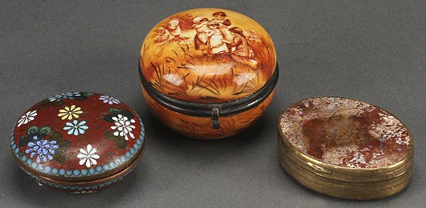 THREE VICTORIAN SNUFF OR PILL BOXES: THREE VICTORIAN PATCH OR SNUFF BOXES. Comprising a Limoges monochrome decorated with children in pasture, a Chinese cloisonné and a carnelian agate in gilt bronze frame. 1.875 inches to 2 inches (4.8