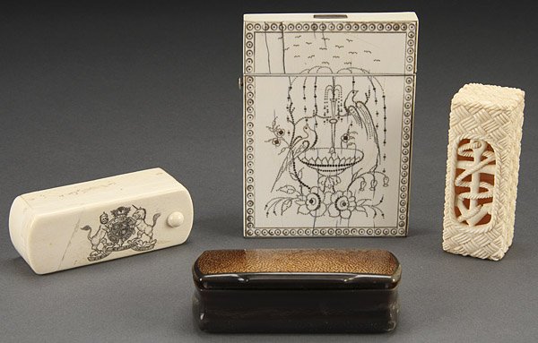 ENGLISH CARVED IVORY & TORTOISESHELL CONTAINERS: A FOUR PIECE GROUP OF 19TH CENTURY ENGLISH CARVED IVORY AND TORTOISESHELL CONTAINERS. Comprising a very fine George III silver inlay and ivory card case with fountain and bird design, a hinged basketw