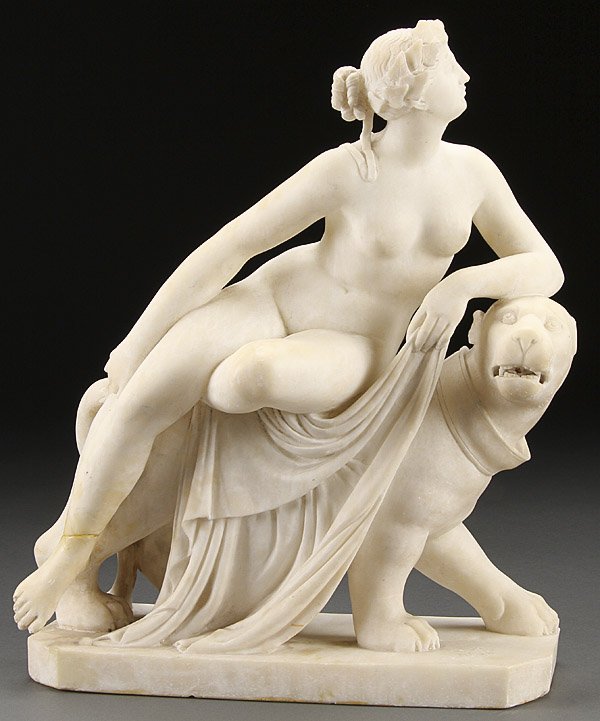 A CARVED MARBLE STATUE, 19TH CENTURY: A CARVED MARBLE STATUE, 19TH CENTURY. After J.H. Con Dannecker (German 1758-1841). Depicting Adriadne and the Panther, marble with losses and repairs, apparently unsigned. Height 15.5 inches (39.5 cm)