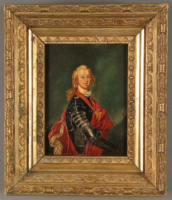 A PAIR OF 19TH C. OIL PAINTINGS: A PAIR OF FIGURATIVE OIL PAINTINGS, BRITISH SCHOOL, 19TH CENTURY. Comprising an oil on wood panel of Charles Stuart, the Young Pretender--after Louis M. Tocque (French 1696-1772), 8.25 inches x 6.7 in