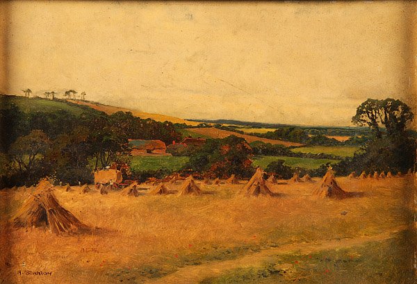 19th CENT. BRITISH OIL PAINTING SIGNED H. STANTON: A SIGNED BRITISH LANDSCAPE OIL PAINTING, H. STANTON. Depicting a harvest scene, oil on panel, signed lower left and inscribed on verso. 7 inches x 10 inches (18 x 25 cm) Possibly Herbert Edwin Pelham 