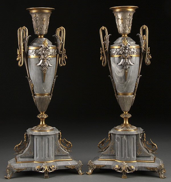 FRENCH MOUNTED MARBLE CASSOLETTE: A FINE PAIR OF FRENCH AESTHETIC MOVEMENT GILT AND SILVERED BRONZE MOUNTED MARBLE CASSOLETTE, 19TH CENTURY. Elongated ovoid form in gray variegated marble with scrolled foliate handles and facial masks