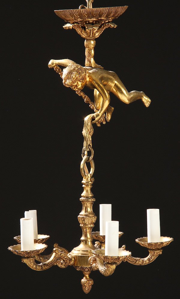 GILT BRONZE LIGHT FIXTURE WITH CHERUB: A CONTEMPORARY GILT BRONZE LIGHT FIXTURE WITH CHERUB. Height 19 inches (49 cm).