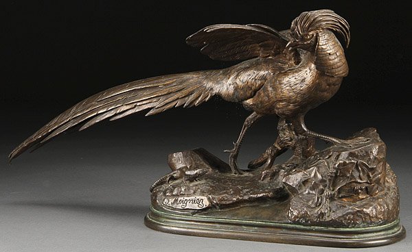 BRONZE PHEASANT AFTER JULES MOIGNIEZ: After JULES MOIGNIEZ (French 1835-1894) Pheasant Frightened by a Stoat Bronze with dark brown patina Length 19.5 inches (49.3 cm)