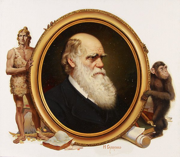 OIL PAINTING OF CHARLES DARWIN: IVAN AKIMOVICH SUSHCHENKO (Russian b. 1930- ) Charles Darwin-1986 Oil on Masonite, unframed Signed lower middle right in Cyrillic 15.7 inches x 13.75 inches The Seller (Unicover Corporation) reserves 