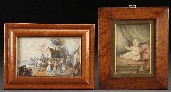 PAIR OF CONTINENTAL SCHOOL WATERCOLORS: A PAIR OF 19TH CENTURY CONTINENTAL SCHOOL WATERCOLORS ON PAPER. Depicting a scene of revelers and a young infant with toy rattle, contained in elmwood frames. The largest 4.25 inches x 7 inches (10.8 