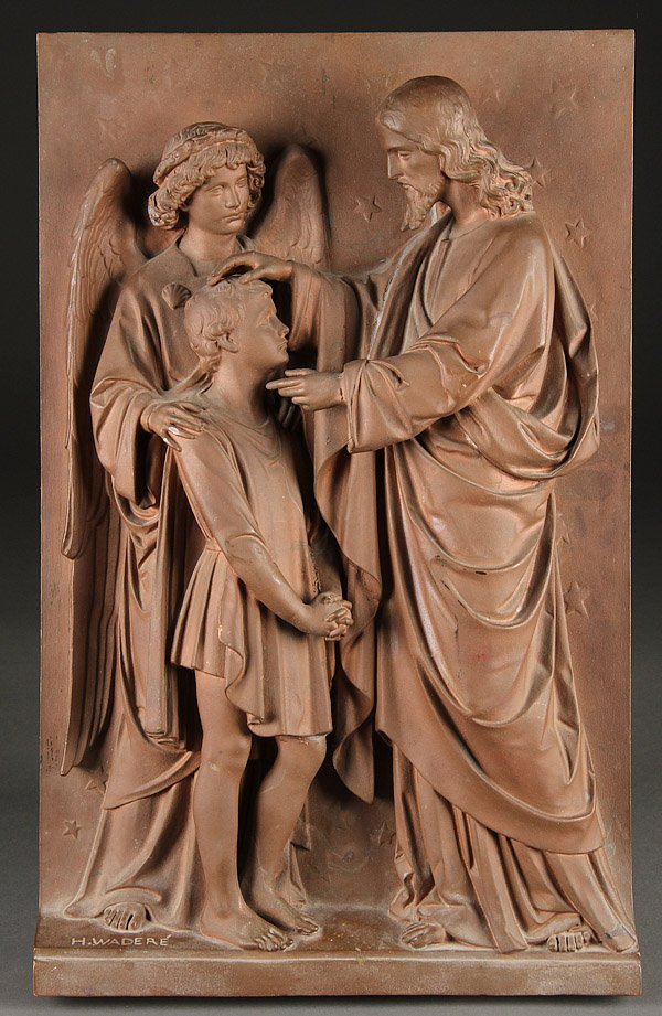 BRONZE RELIEF PLAQUE OF CHRIST & YOUNG CHILD: A BRONZE RELIEF PLAQUE OF CHRIST THE GUARDIAN ANGEL AND A YOUNG CHILD, GERMAN, CIRCA 1890. Sculpted in high relief, finely modeled with good proportions, deep folds and signed on base H. Wadere for He