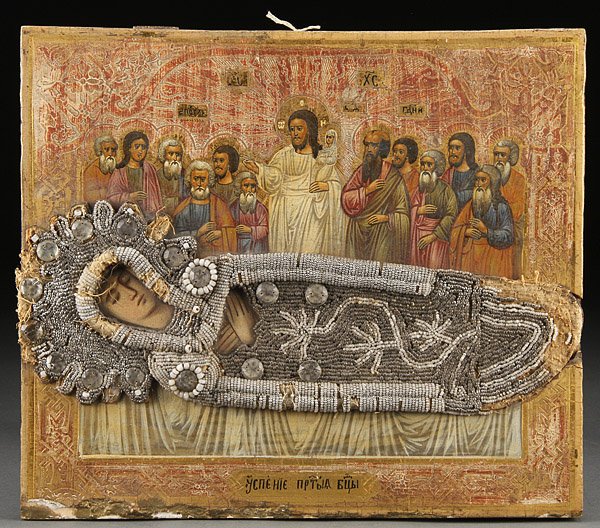 A UKRAINIAN RUSSIAN ICON DORMITION OF THE MOG: A UKRAINIAN RUSSIAN ICON OF THE DORMITION OF THE MOTHER OF GOD, 19TH CENTURY. With beaded riza. 12 inches x 14 inches (30.3 x 35.4 cm).