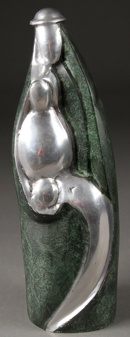 MODERN ART DECO STYLE SCULPTURE OF HOLY FAMILY: A MODERN ART DECO STYLE SCULPTURE OF THE HOLY FAMILY, perhaps by Leo Smigay (1900-1970) Cast in aluminum with verdigras patina. Height 16 inches (40.7 cm).