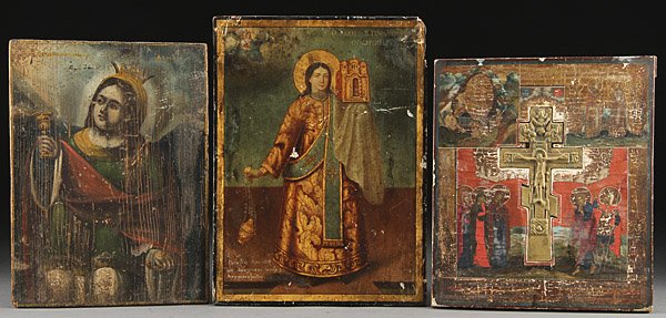 A GROUP OF RUSSIAN AND GREEK ICONS, 19TH CENTURY: A GROUP OF RUSSIAN AND GREEK ICONS, 19TH CENTURY. Comprising a Ukrainian or southwest Russian icon of the martyr St. Barbara, 13.75 inches x 10 inches (35 x 26 cm); a Greek icon of St. Stephan signed 