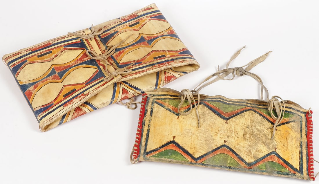 PR OF PLAINS PARFLECHE CONTAINERS: PR OF PLAINS PARFLECHE CONTAINERS. Comprising a good envelope of traditional form with geometric patterns, banding, and hide straps. Together with a pouch with red trade wool corners, as shown. Greate