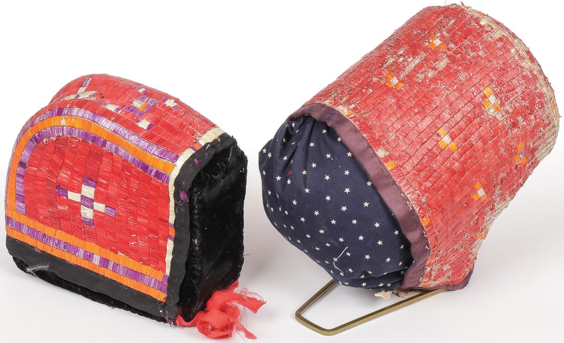 A PAIR OF PLAINS QUILLED BABY BONNETS, C 1890: A PAIR OF PLAINS QUILLED BABY BONNETS, C 1890. Each of traditional form with quilled linear, geometric and cross form designs. Both with tanned hide bodies, one with original cotton lining both with s