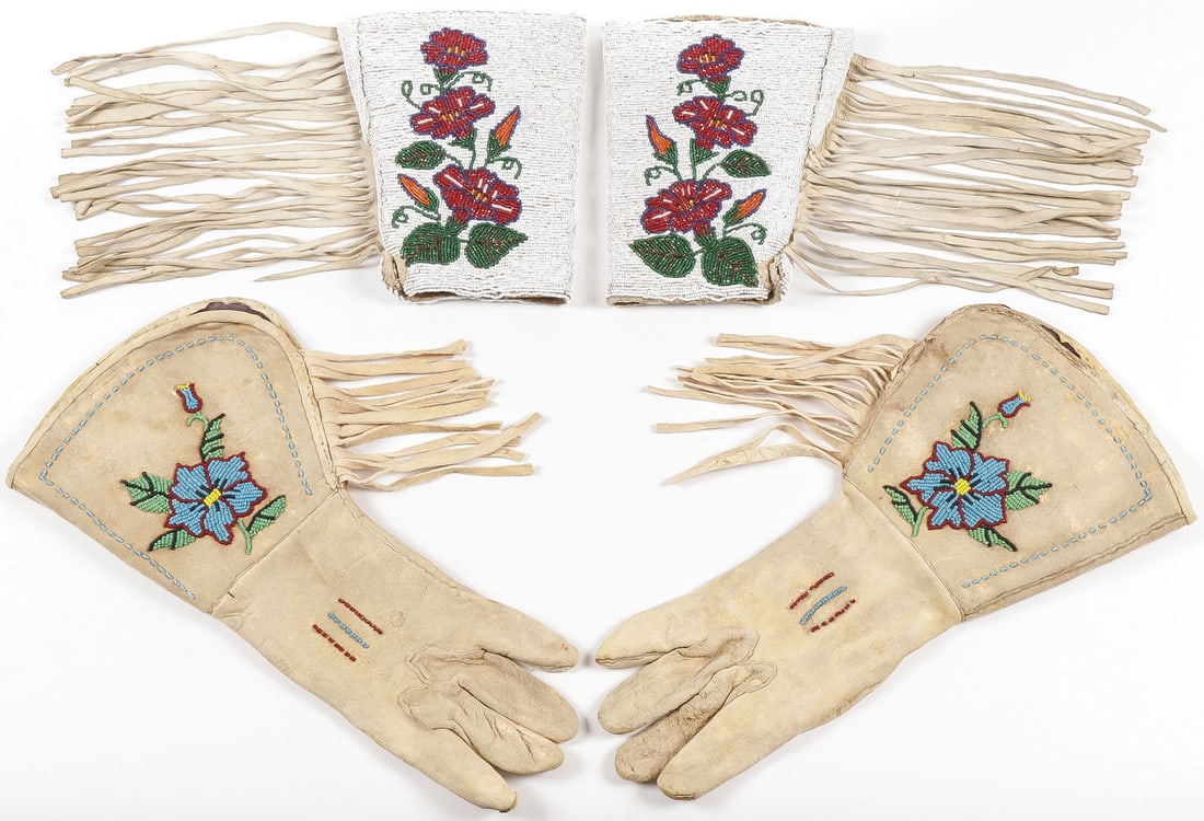 PLATEAU BEADED GAUNTLETS AND BEADED CUFFS: PLATEAU BEADED GAUNTLETS AND BEADED CUFFS. Both finely beaded with floral patterns and soft supple fringe, circa 1910. Greatest length 15 inches. SHIPPING NOTICE: Except for large, oversized items, Ja