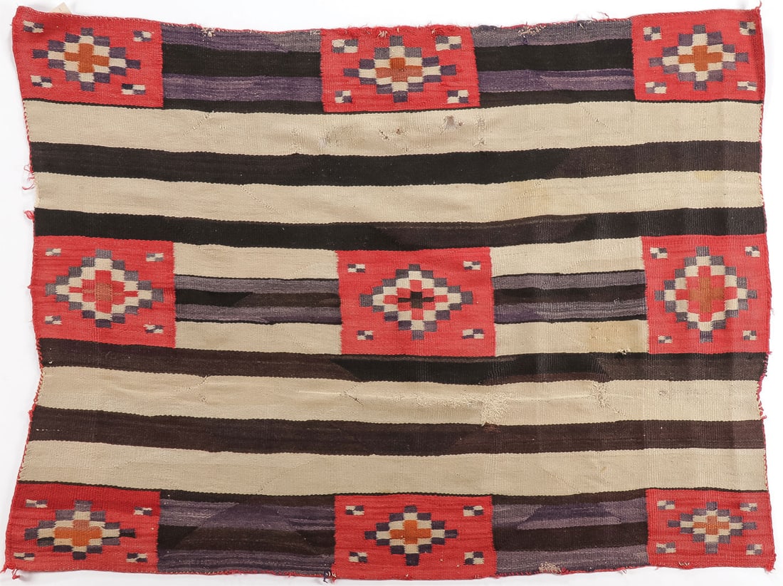 NAVAJO TRANSITIONAL 2ND/3rd PHASE CHIEF BLANKET: NAVAJO TRANSITIONAL 2ND/3rd PHASE CHIEF BLANKET, C. 1900. Typical variation, handspun wool. Some scattered old repairs and losses as visible, nevertheless, an attractive piece. 61 inches x 45.75 
