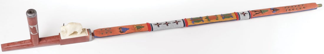 LARGE & IMPRESSIVE CATLINITE PIPE & STEM: LARGE & IMPRESSIVE CATLINITE PIPE & STEM. Comprising a unique, large, and impressive catlinite bowl with pewter inlays and relief carved wingspread eagles on bowl and set with carved quartz white buff