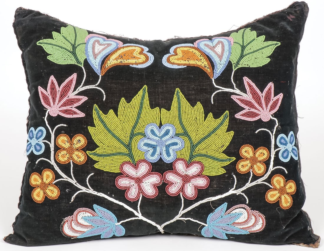 A GREAT LAKES BEADED PILLOW, C. 1900: A GREAT LAKES BEADED PILLOW, C. 1900. 16 inches x 12.5 inches. SHIPPING NOTICE: Except for large, oversized items, Jackson's is your sole and only source for one stop packing and shipping. With over 5