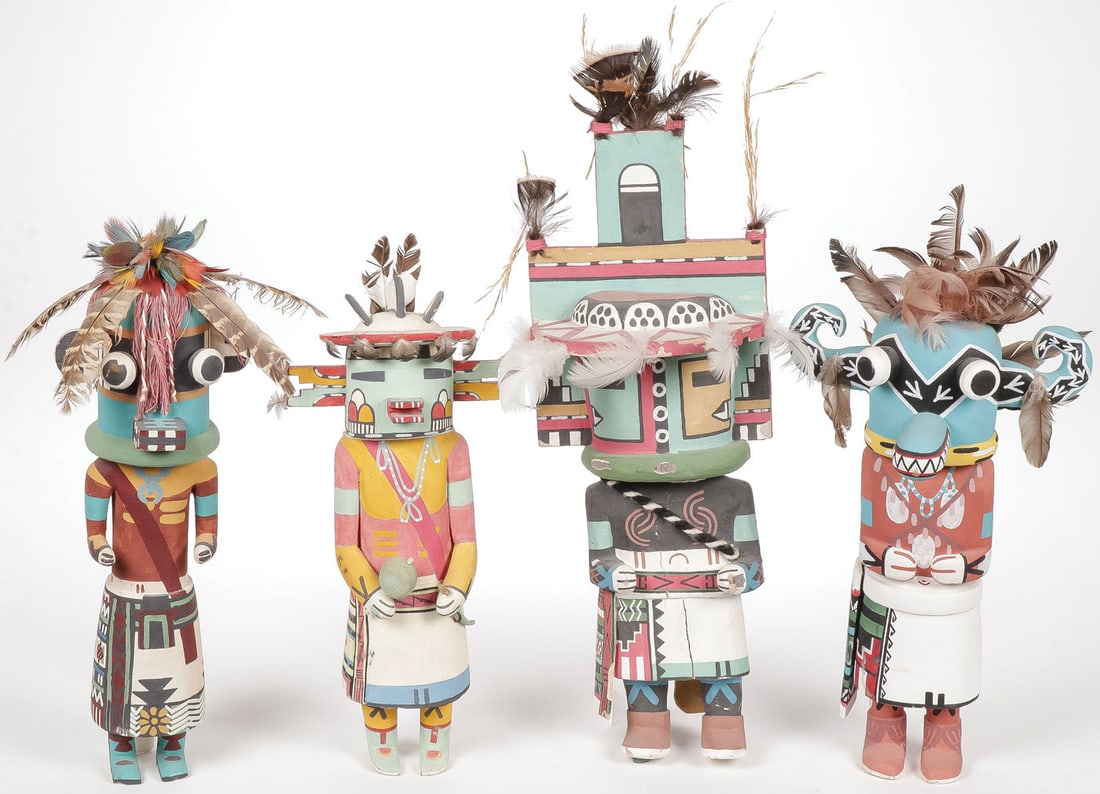 FOUR LARGE HOPI KACHINAS: FOUR LARGE HOPI KACHINAS. Carved and polychromed, depicting various figures. One signed on foot Randy Howato. Three with tags identifying the artists as Larry Melendez, Ferrell YuYatteova, and Clyde L