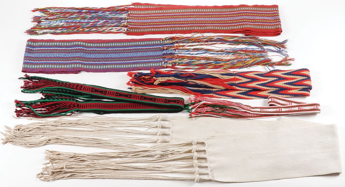 SEVEN HOPI DANCE SASHES: SEVEN HOPI DANCE SASHES. Various sizes and patterns as shown. From 50 inches to 115 inches. SHIPPING NOTICE: Except for large, oversized items, Jackson's is your sole and only source for one stop pack